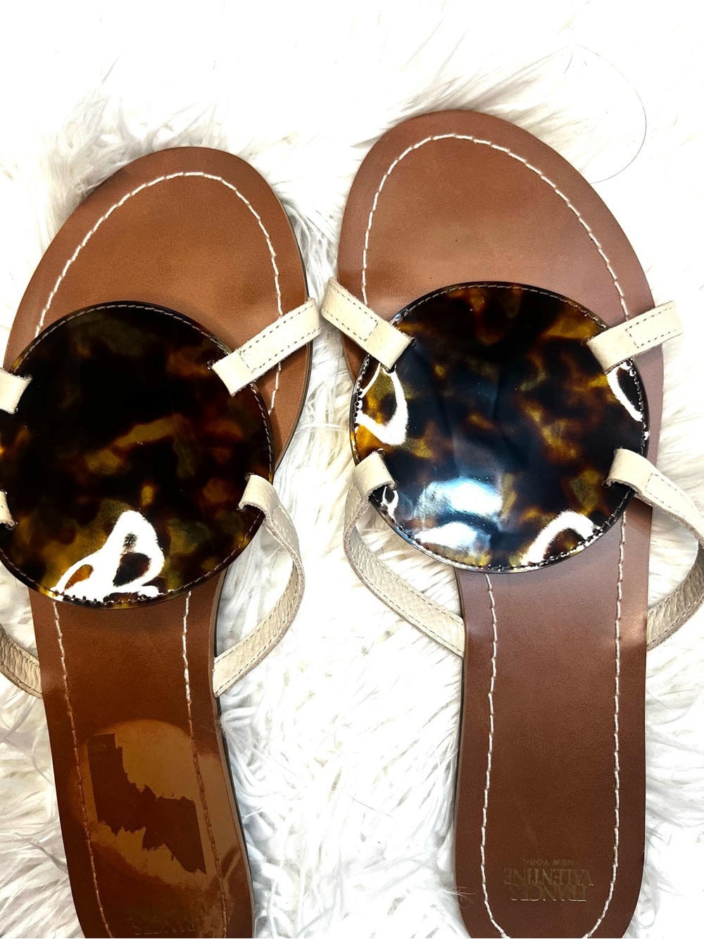 Frances Valentine Cream Strappy Sandals with Tortoiseshell Disc - Picture 4 of 10